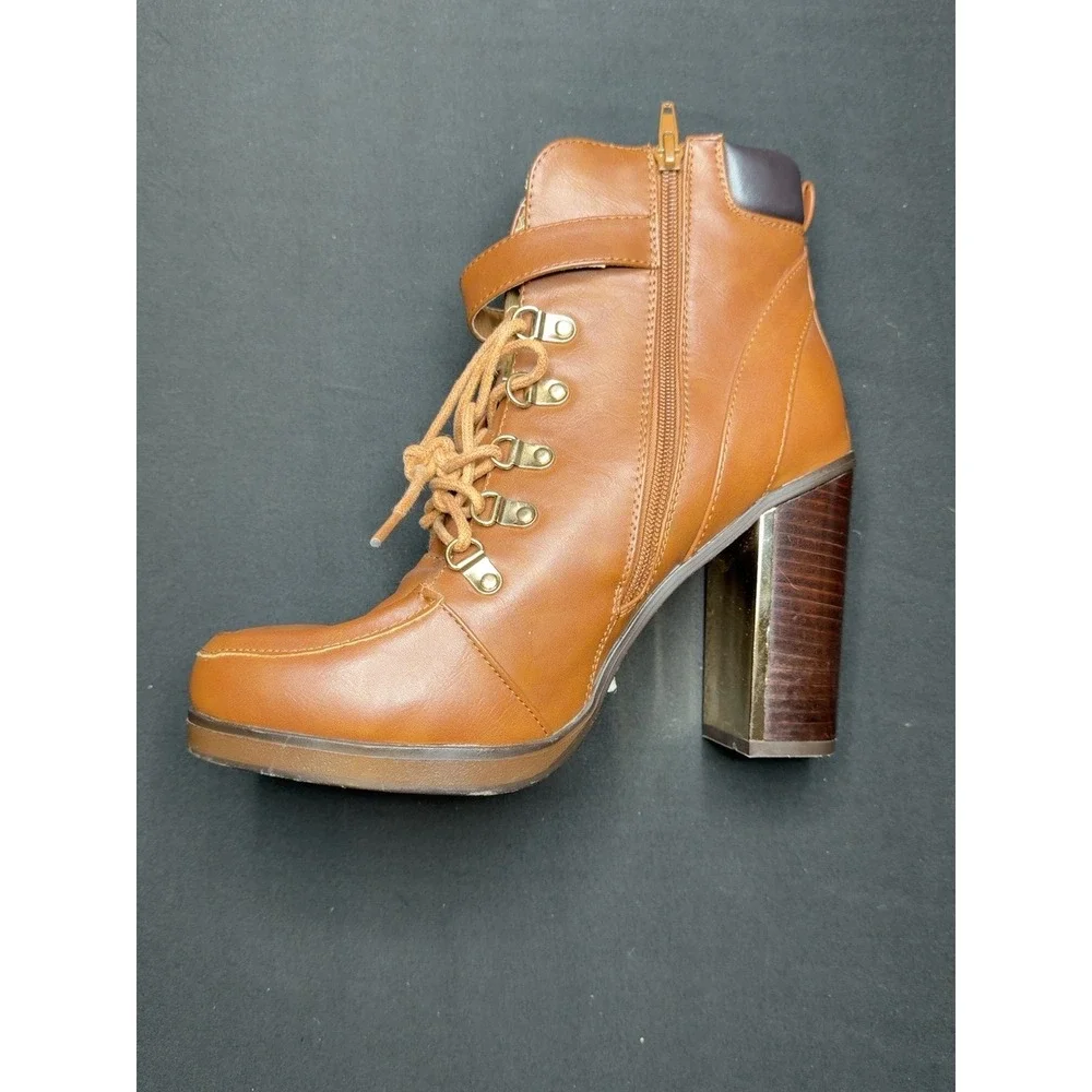 Torrid Womens 10W Cognac Lace Up Heeled Combat Ankle Boots Buckle Zip Wide